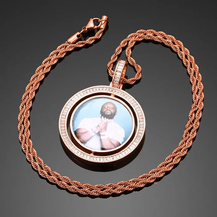 Necklaces VVS Jewelry VVS Jewelry Custom Rotating Photo Medallion Pendant Chain