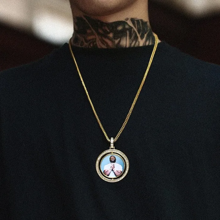 Necklaces VVS Jewelry VVS Jewelry Custom Rotating Photo Medallion Pendant Chain