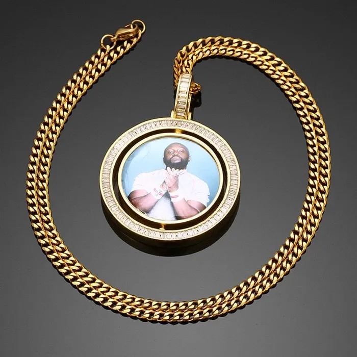 Necklaces VVS Jewelry VVS Jewelry Custom Rotating Photo Medallion Pendant Chain