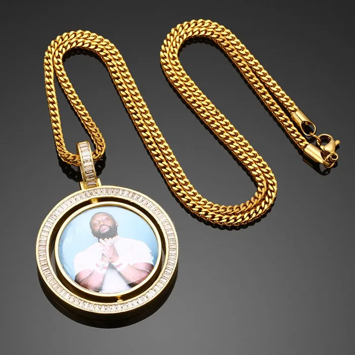 Necklaces VVS Jewelry VVS Jewelry Custom Rotating Photo Medallion Pendant Chain