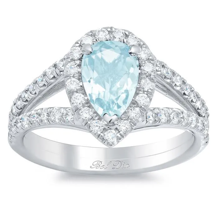 Pear Aquamarine Pave Diamond Split Shank Halo Engagement Ring deBebians Rings Pear Aquamarine Pave Diamond Split Shank Halo Engagement Ring deBebians Rings