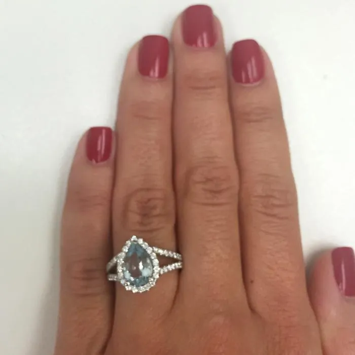 Pear Aquamarine Pave Diamond Split Shank Halo Engagement Ring deBebians Rings