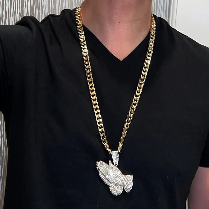Praying Hands Flooded Iced Pendant Gold Finish Cuban Chain 30 Bling Cartel Admin Necklaces