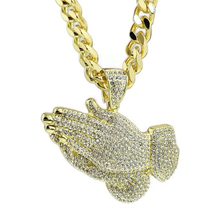 Praying Hands Flooded Iced Pendant Gold Finish Cuban Chain 30 Bling Cartel Admin Necklaces