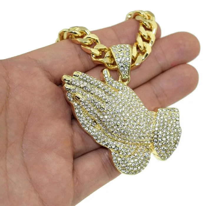 Praying Hands Flooded Iced Pendant Gold Finish Cuban Chain 30 Bling Cartel Admin Necklaces