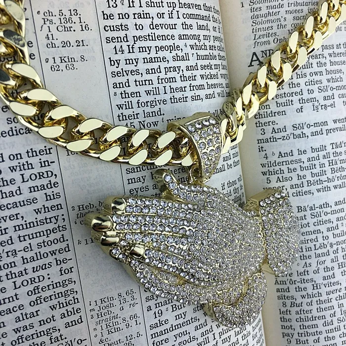 Praying Hands Flooded Iced Pendant Gold Finish Cuban Chain 30 Bling Cartel Admin Necklaces