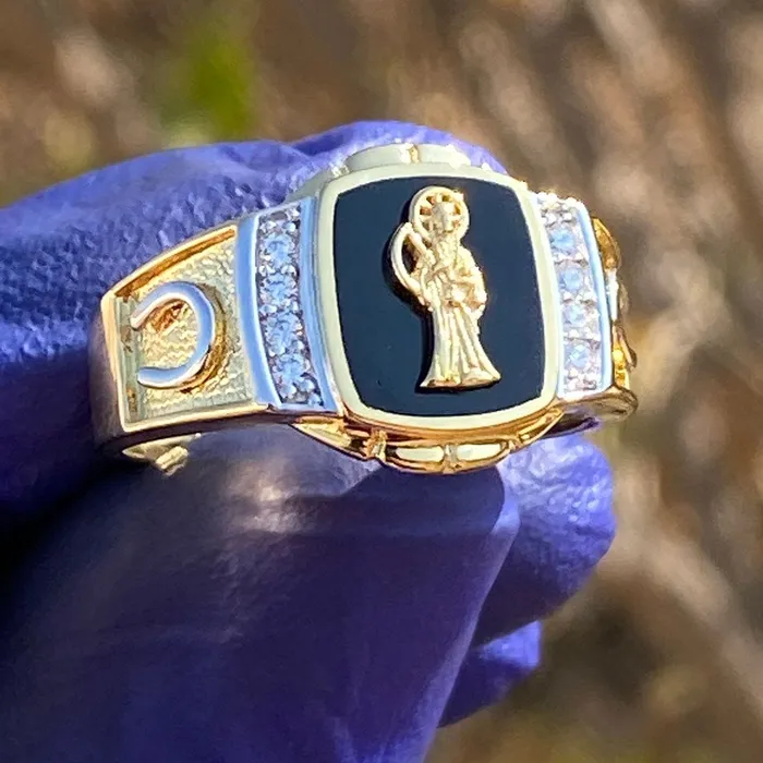 Rings 14K Gold Plated over 925 Silver Black La Santa Muerte Grim Reaper Ring Bling Cartel Admin