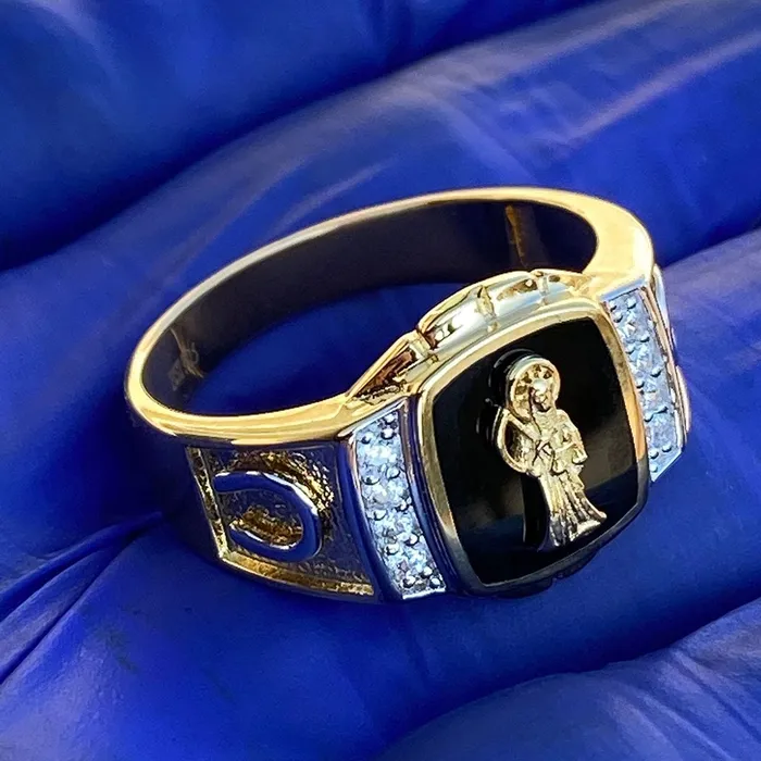 Rings 14K Gold Plated over 925 Silver Black La Santa Muerte Grim Reaper Ring Bling Cartel Admin