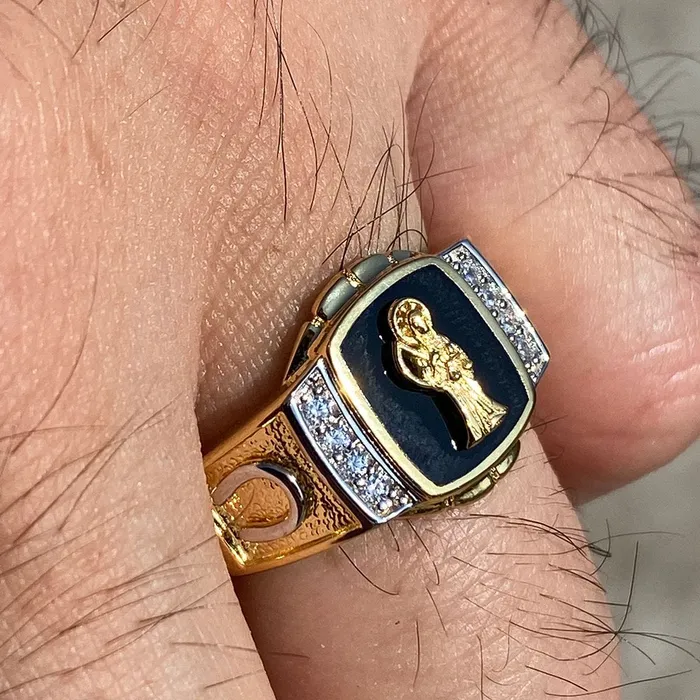 Rings 14K Gold Plated over 925 Silver Black La Santa Muerte Grim Reaper Ring Bling Cartel Admin