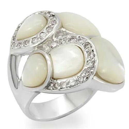 Rings Alamode LO1044 Rhodium Brass Ring with Precious Stone Conch in White