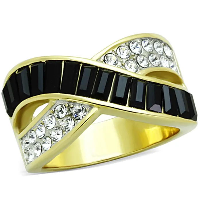 Rings Alamode TK1577 TwoTone IP Gold Ion Plating Stainless Steel Ring with Top Grade Crystal in Jet Rings Alamode TK1577 TwoTone IP Gold Ion Plating Stainless Steel Ring with Top Grade Crystal in Jet