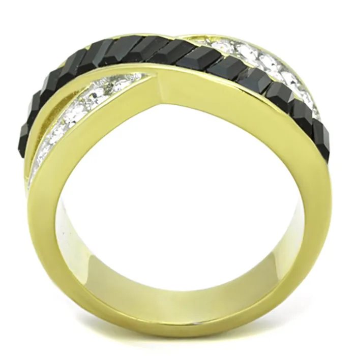 Rings Alamode TK1577 TwoTone IP Gold Ion Plating Stainless Steel Ring with Top Grade Crystal in Jet