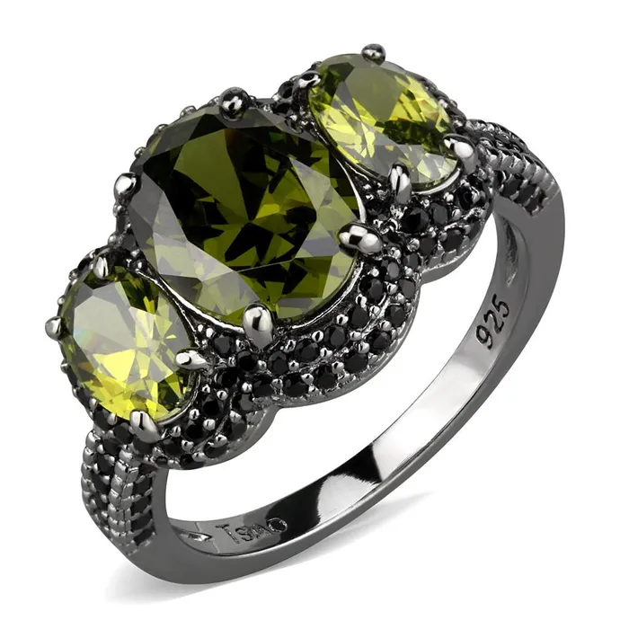 Rings Alamode TS547 Ruthenium 925 Sterling Silver Ring with AAA Grade CZ in Olivine color