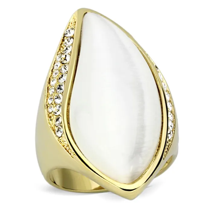 Rings Alamode VL082 IP GoldIon Plating Brass Ring with Synthetic Cat Eye in White Rings Alamode VL082 IP GoldIon Plating Brass Ring with Synthetic Cat Eye in White