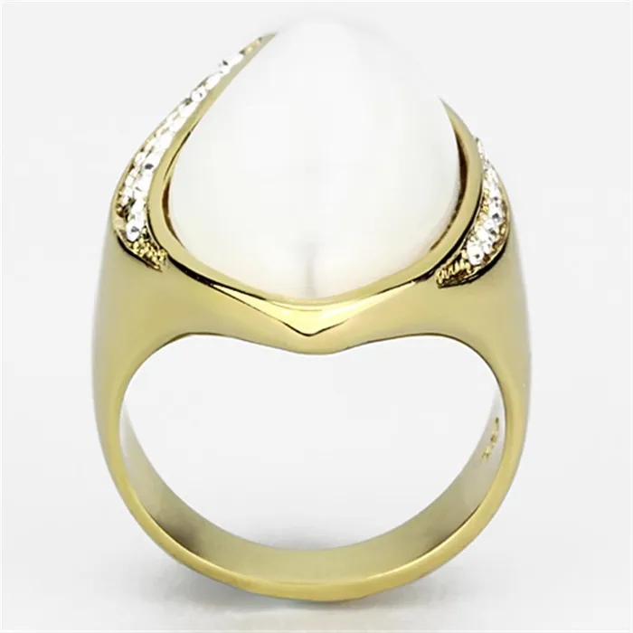 Rings Alamode VL082 IP GoldIon Plating Brass Ring with Synthetic Cat Eye in White