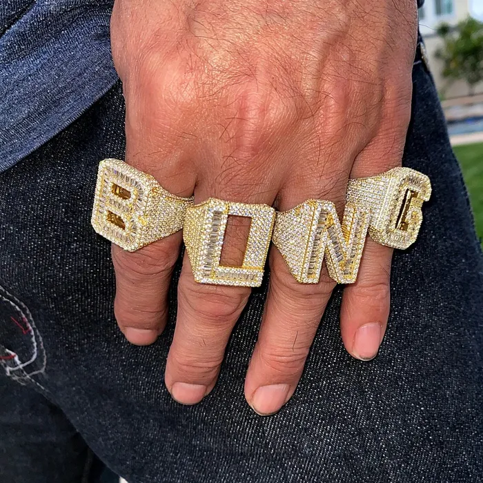 Rings AMERICAN TIME 14K Gold Plated 925 Sterling Silver Initial Letter Iced CZ Baguette Ring
