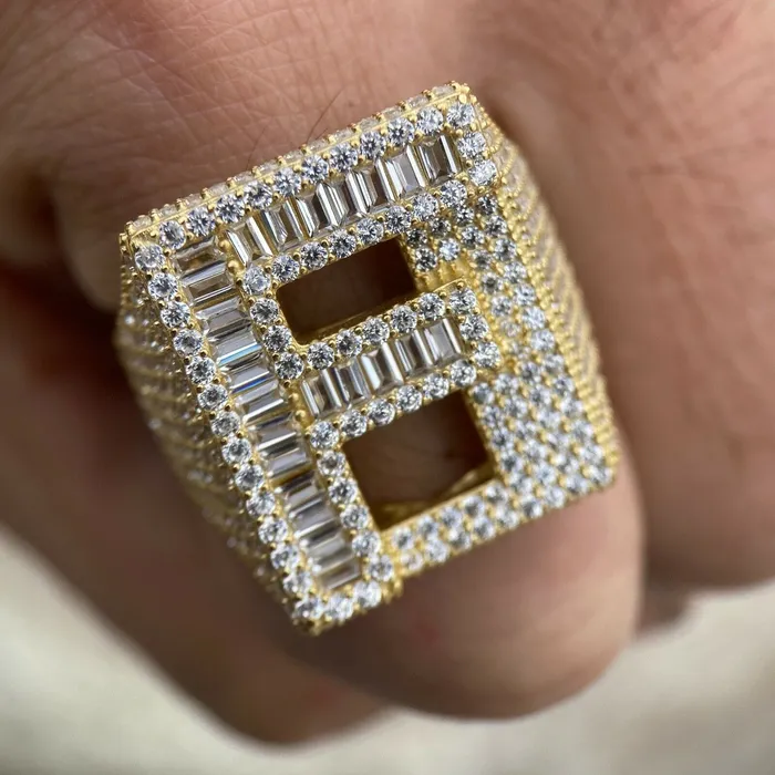 Rings AMERICAN TIME 14K Gold Plated 925 Sterling Silver Initial Letter Iced CZ Baguette Ring Rings AMERICAN TIME 14K Gold Plated 925 Sterling Silver Initial Letter Iced CZ Baguette Ring