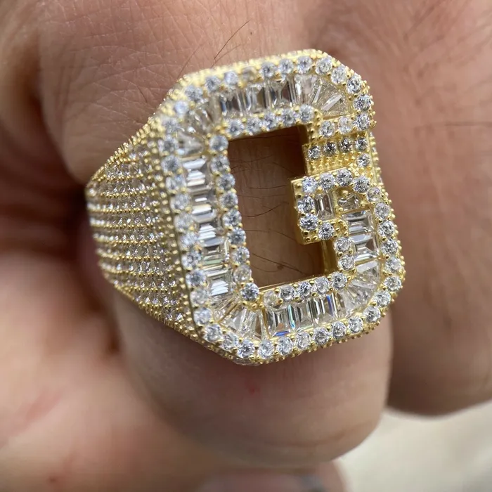 Rings AMERICAN TIME 14K Gold Plated 925 Sterling Silver Initial Letter Iced CZ Baguette Ring Rings AMERICAN TIME 14K Gold Plated 925 Sterling Silver Initial Letter Iced CZ Baguette Ring