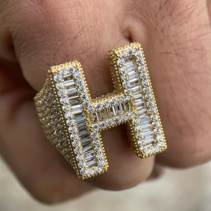 Rings AMERICAN TIME 14K Gold Plated 925 Sterling Silver Initial Letter Iced CZ Baguette Ring Rings AMERICAN TIME 14K Gold Plated 925 Sterling Silver Initial Letter Iced CZ Baguette Ring
