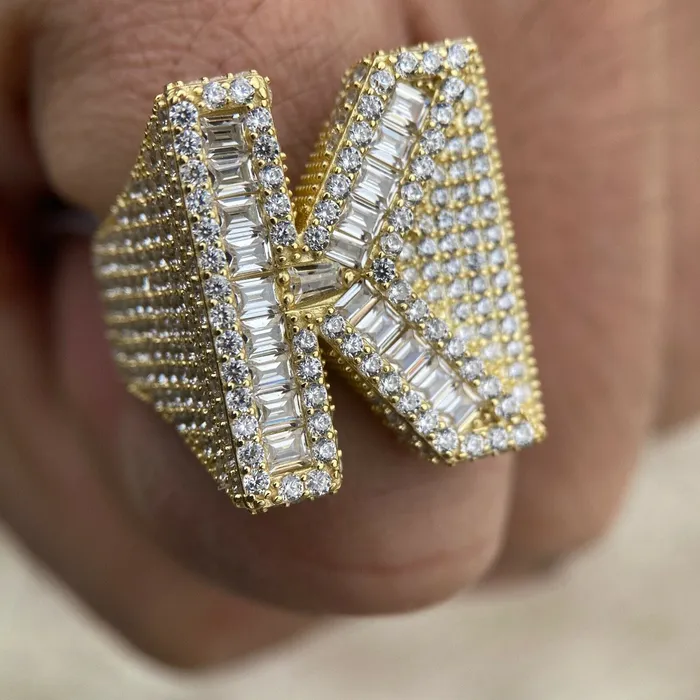 Rings AMERICAN TIME 14K Gold Plated 925 Sterling Silver Initial Letter Iced CZ Baguette Ring Rings AMERICAN TIME 14K Gold Plated 925 Sterling Silver Initial Letter Iced CZ Baguette Ring