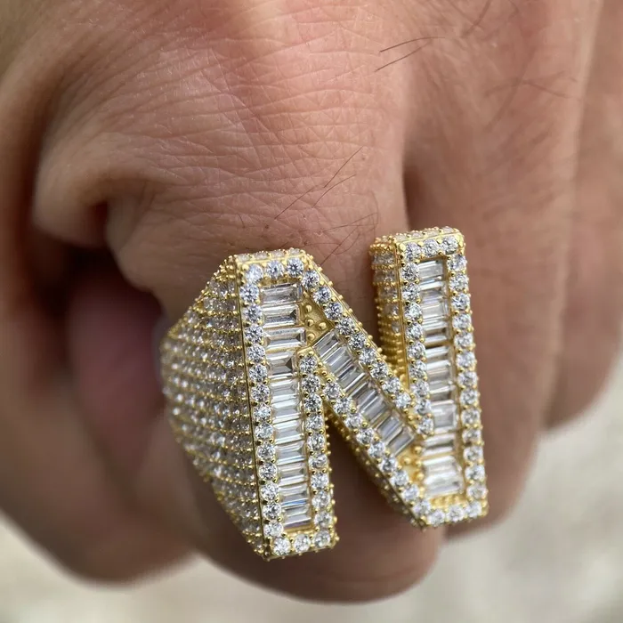 Rings AMERICAN TIME 14K Gold Plated 925 Sterling Silver Initial Letter Iced CZ Baguette Ring Rings AMERICAN TIME 14K Gold Plated 925 Sterling Silver Initial Letter Iced CZ Baguette Ring