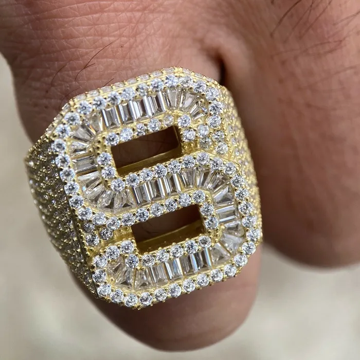 Rings AMERICAN TIME 14K Gold Plated 925 Sterling Silver Initial Letter Iced CZ Baguette Ring Rings AMERICAN TIME 14K Gold Plated 925 Sterling Silver Initial Letter Iced CZ Baguette Ring
