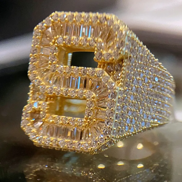 Rings AMERICAN TIME 14K Gold Plated 925 Sterling Silver Initial Letter Iced CZ Baguette Ring Rings AMERICAN TIME 14K Gold Plated 925 Sterling Silver Initial Letter Iced CZ Baguette Ring