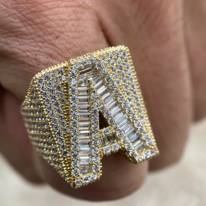 Rings AMERICAN TIME 14K Gold Plated 925 Sterling Silver Initial Letter Iced CZ Baguette Ring Rings AMERICAN TIME 14K Gold Plated 925 Sterling Silver Initial Letter Iced CZ Baguette Ring