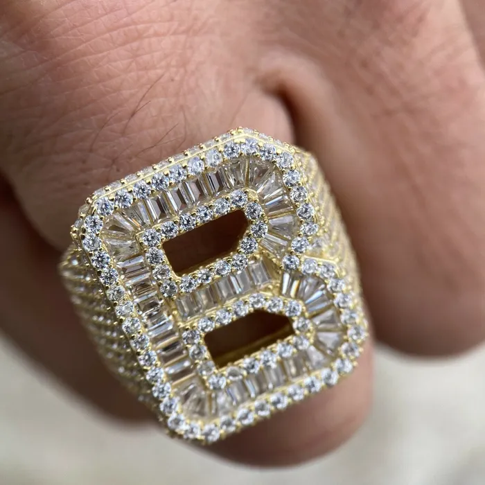 Rings AMERICAN TIME 14K Gold Plated 925 Sterling Silver Initial Letter Iced CZ Baguette Ring Rings AMERICAN TIME 14K Gold Plated 925 Sterling Silver Initial Letter Iced CZ Baguette Ring