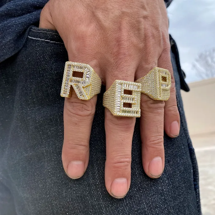 Rings AMERICAN TIME 14K Gold Plated 925 Sterling Silver Initial Letter Iced CZ Baguette Ring Rings AMERICAN TIME 14K Gold Plated 925 Sterling Silver Initial Letter Iced CZ Baguette Ring