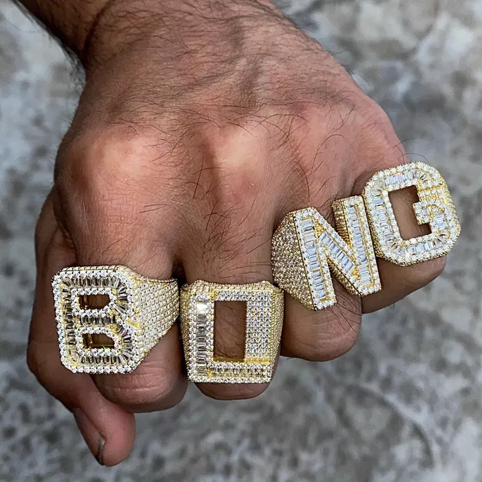 Rings AMERICAN TIME 14K Gold Plated 925 Sterling Silver Initial Letter Iced CZ Baguette Ring Rings AMERICAN TIME 14K Gold Plated 925 Sterling Silver Initial Letter Iced CZ Baguette Ring