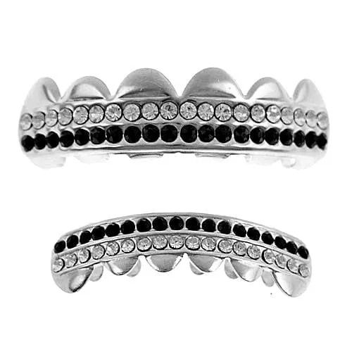 Rings Bling Cartel Admin Silver Tone TwoRow Black White Iced Grillz Set