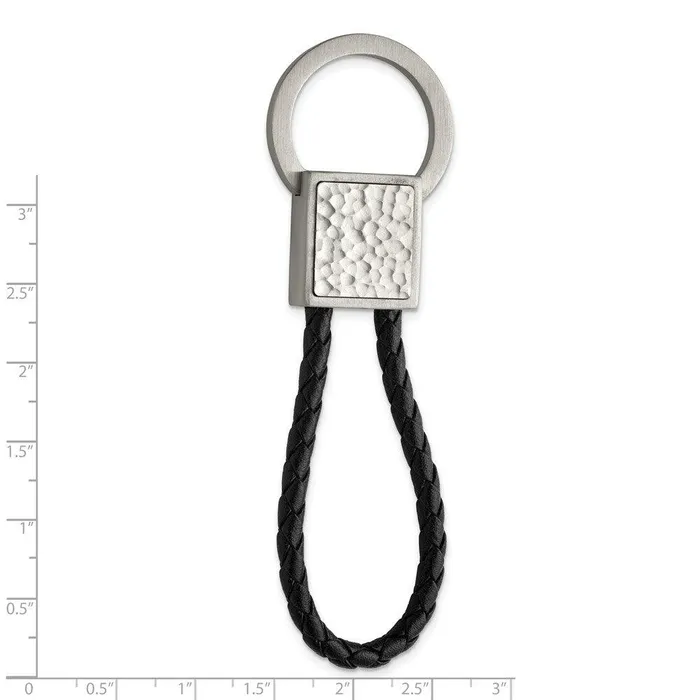 Rings Chisel Stainless Steel Brushed and Hammered Black Leather Key Ring Rings Chisel Stainless Steel Brushed and Hammered Black Leather Key Ring