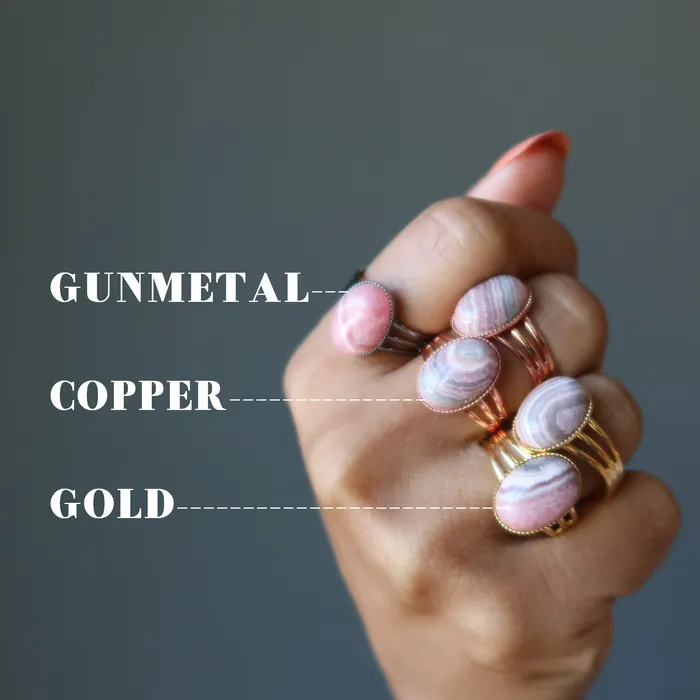 Rings Satin Crystals Rhodochrosite Ring Lovely Gunmetal Adjustable