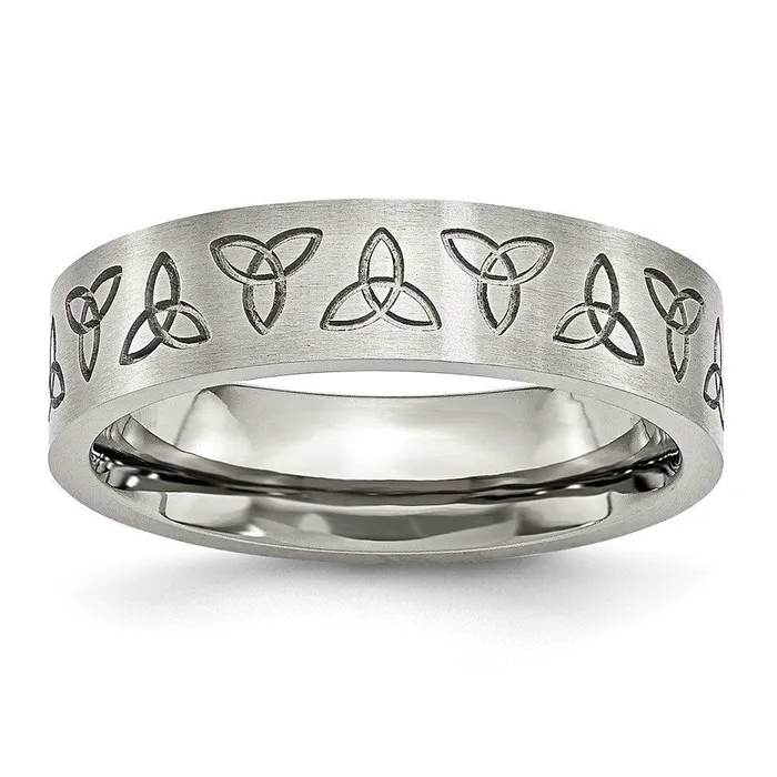 Rings Stainless Steel Engraved Trinity Symbol Brushed 6mm Band Chisel