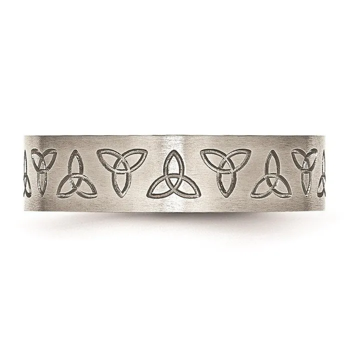 Rings Stainless Steel Engraved Trinity Symbol Brushed 6mm Band Chisel Rings Stainless Steel Engraved Trinity Symbol Brushed 6mm Band Chisel