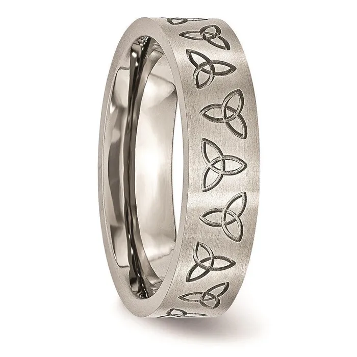 Rings Stainless Steel Engraved Trinity Symbol Brushed 6mm Band Chisel Rings Stainless Steel Engraved Trinity Symbol Brushed 6mm Band Chisel