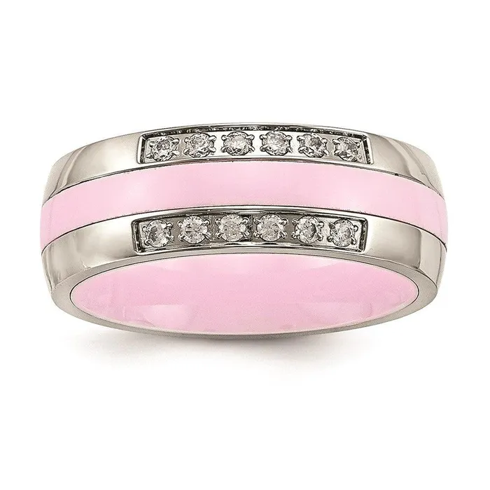 Rings Stainless Steel Polished Pink Ceramic CZ Ring Chisel