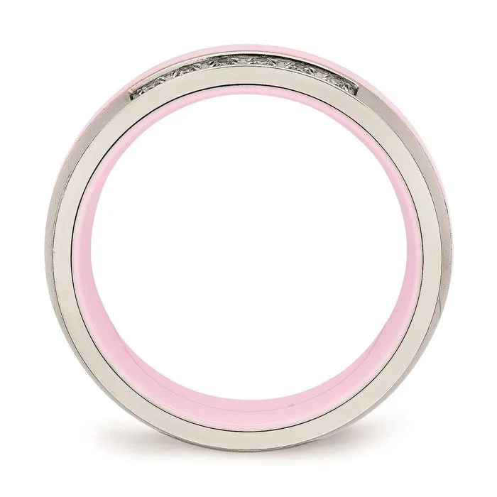 Rings Stainless Steel Polished Pink Ceramic CZ Ring Chisel Rings Stainless Steel Polished Pink Ceramic CZ Ring Chisel