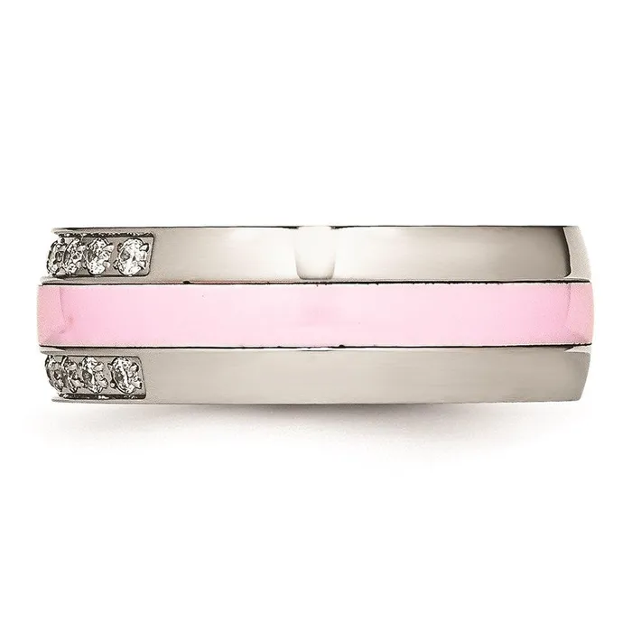 Rings Stainless Steel Polished Pink Ceramic CZ Ring Chisel Rings Stainless Steel Polished Pink Ceramic CZ Ring Chisel