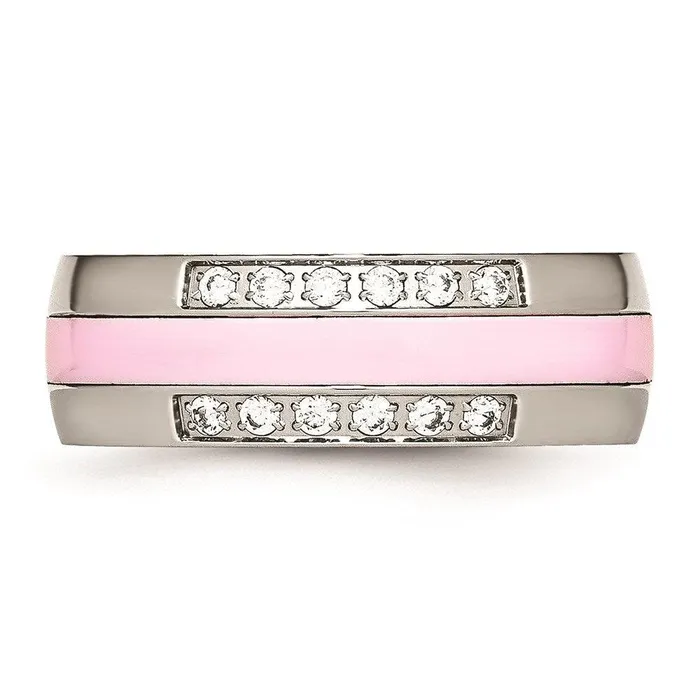 Rings Stainless Steel Polished Pink Ceramic CZ Ring Chisel Rings Stainless Steel Polished Pink Ceramic CZ Ring Chisel