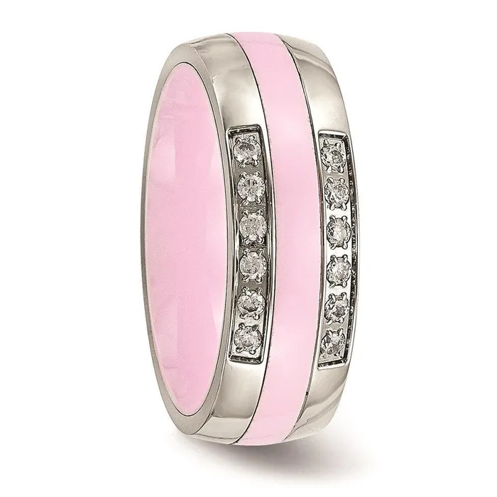 Rings Stainless Steel Polished Pink Ceramic CZ Ring Chisel Rings Stainless Steel Polished Pink Ceramic CZ Ring Chisel