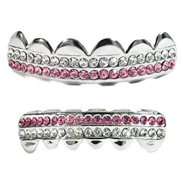 Silver Tone Pink TwoRow Iced Teeth Grillz Set Bling Cartel Admin Rings