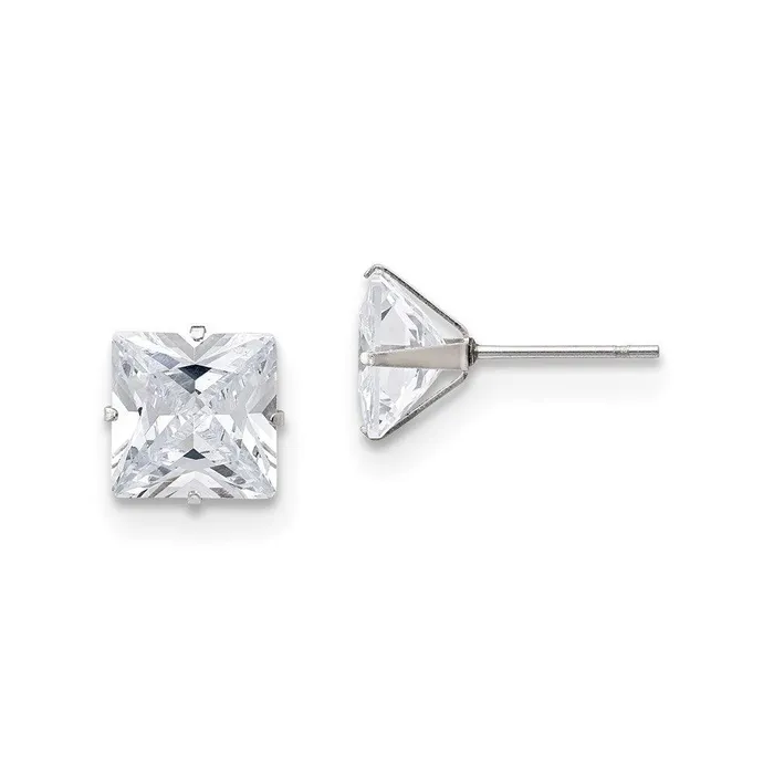 Stainless Steel Polished 9mm Square CZ Stud Post Earrings Chisel Earrings