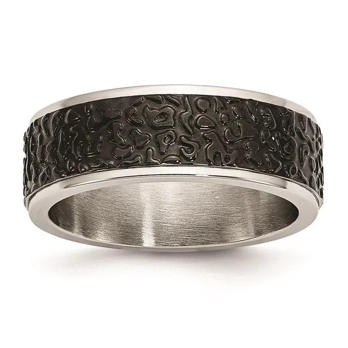 Stainless Steel Polished and Textured Black Ipplated Band Chisel Rings