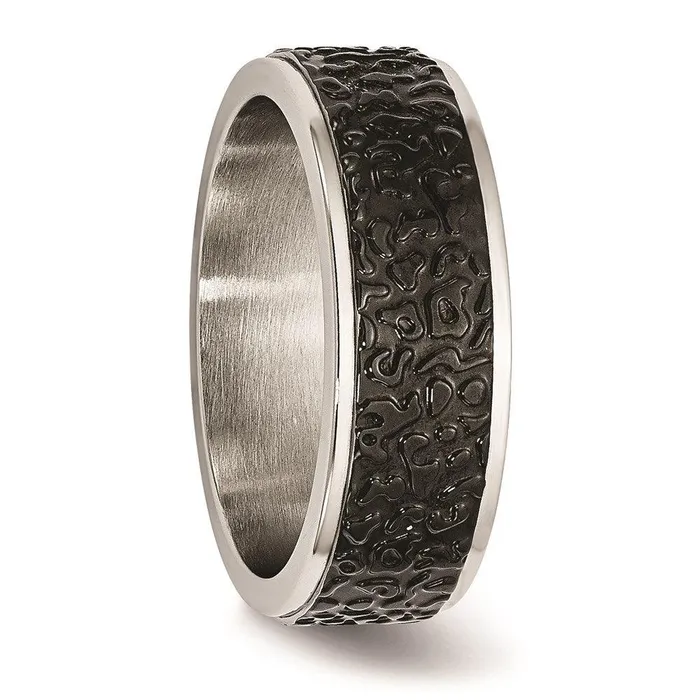 Stainless Steel Polished and Textured Black Ipplated Band Chisel Rings Stainless Steel Polished and Textured Black Ipplated Band Chisel Rings
