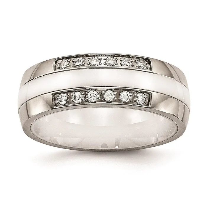 Stainless Steel Polished White Ceramic CZ Ring Chisel Rings Stainless Steel Polished White Ceramic CZ Ring Chisel Rings