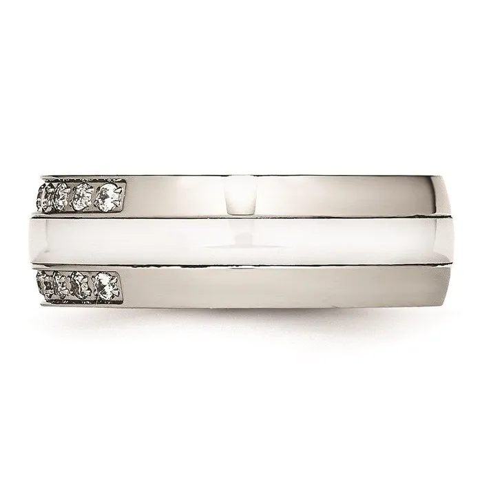 Stainless Steel Polished White Ceramic CZ Ring Chisel Rings Stainless Steel Polished White Ceramic CZ Ring Chisel Rings