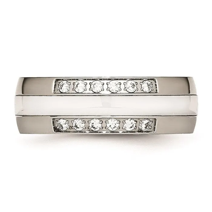 Stainless Steel Polished White Ceramic CZ Ring Chisel Rings Stainless Steel Polished White Ceramic CZ Ring Chisel Rings