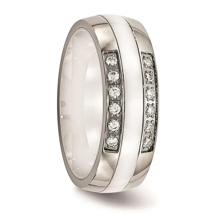 Stainless Steel Polished White Ceramic CZ Ring Chisel Rings Stainless Steel Polished White Ceramic CZ Ring Chisel Rings